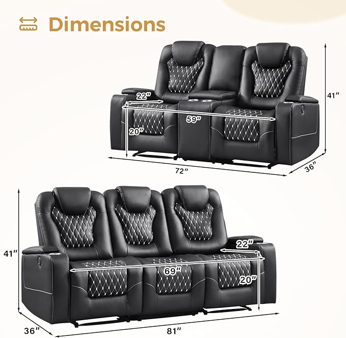 ANJ Living Room Furniture Sets,Power Upholstered 3 Seat Recliner Sofa & Loveseat Sofa with USB Ports and Cup Holders - Family Set Seating PU Leather Reclining Couch with Hidden Arm Storage(Black)