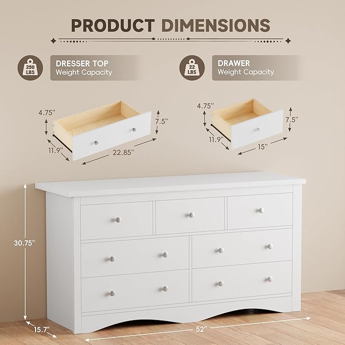 Furmax Dresser for Bedroom, 7 Wood Dresser, Chest of Drawers, for TV up to 65 inch, TV Stand Storage Chest of Drawers for Hallway Entryway (White)