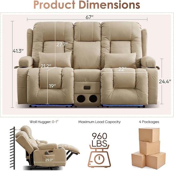 TUNYI Wall Hugger Loveseat Recliner Sofa with Console, Power Reclining Loveseat RV Couch with Massage & Heat/USB/Outlet/Storage/LED Light/Speaker (Beige)