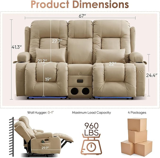 TUNYI Wall Hugger Loveseat Recliner Sofa with Console, Power Reclining Loveseat RV Couch with Massage & Heat/USB/Outlet/Storage/LED Light/Speaker (Beige)