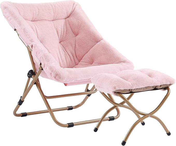 Dorm Chair with Ottoman, X-Large Soft Saucer Chair, Oversized Folding Faux Fur Accent Chair, Foldable Metal Frame Chair for Bedroom, Living Room (Pink)