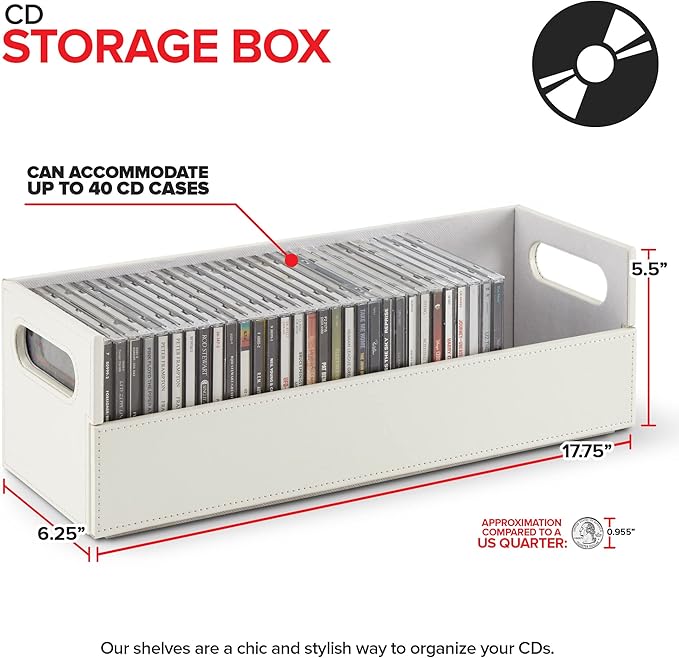 Stock Your Home CD Storage Box, Organizer Shelf for Movie Cases, DVDs, Cassette Tape Display Stand, Disc Holder Can Store Up to 40 CDs, Faux Leather (White)