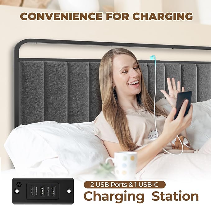 Rolanstar Full Size Bed Frame with LED Light and Charging Station, Upholstered Headboard and Footboard, Metal Slat, Noise Free, Easy Assembly, Dark Gray