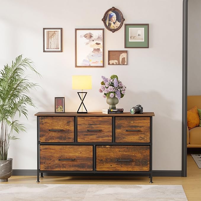 FDW 5 Fabric Drawers Dresser for Bedroom,Chest Organizer Units with Steel Frame and Wooden Top for Bedroom,Closet,Living Room, Entryway,Brown