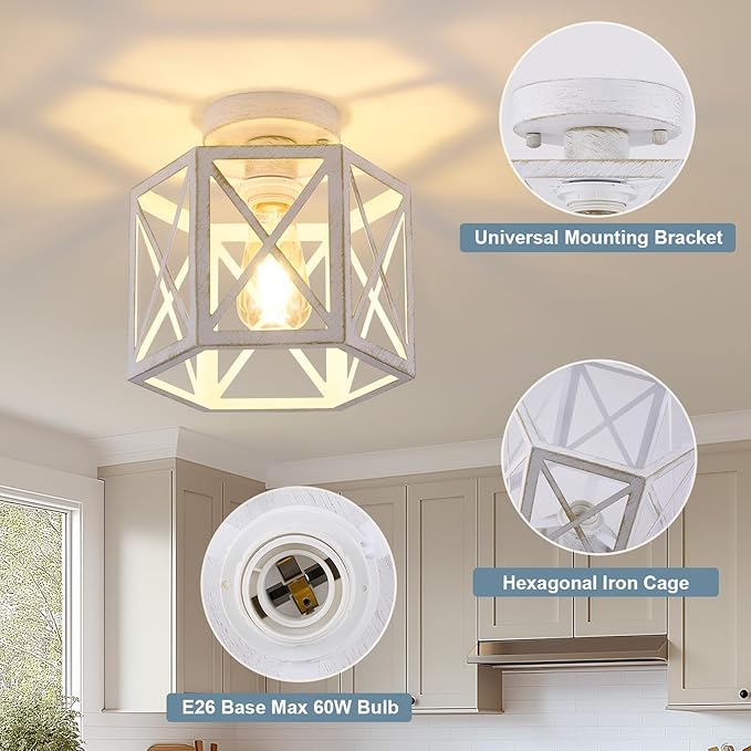2 Pack White Semi Flush Mount Ceiling Light, Modern Hallway Light Fixture, Vintage Metal Hexagonal Ceiling Lamp for Kitchen Entryway Porch