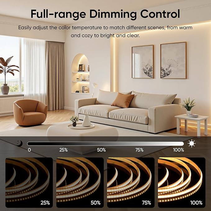 V4light Smart COB LED Strip Lights 32.8ft 24V, Tunable White 2700K–6500K Dot-Free Lighting, Alexa & Google Voice Control, App & Remote, CRI90+ Under Cabinet Lighting for Kitchen & Closet