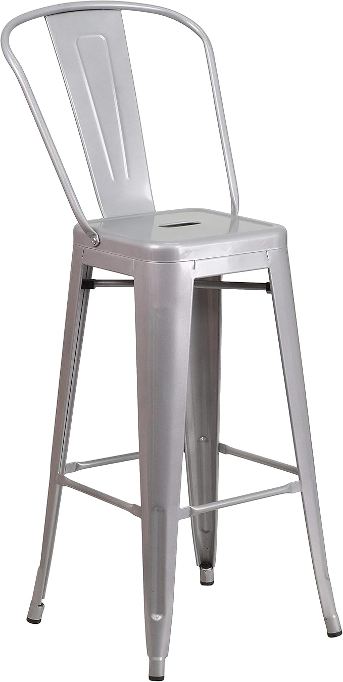 Flash Furniture Commercial Grade 30" High Silver Metal Indoor-Outdoor Barstool with Removable Back