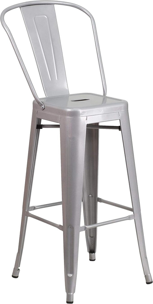 Flash Furniture Commercial Grade 30" High Silver Metal Indoor-Outdoor Barstool with Removable Back