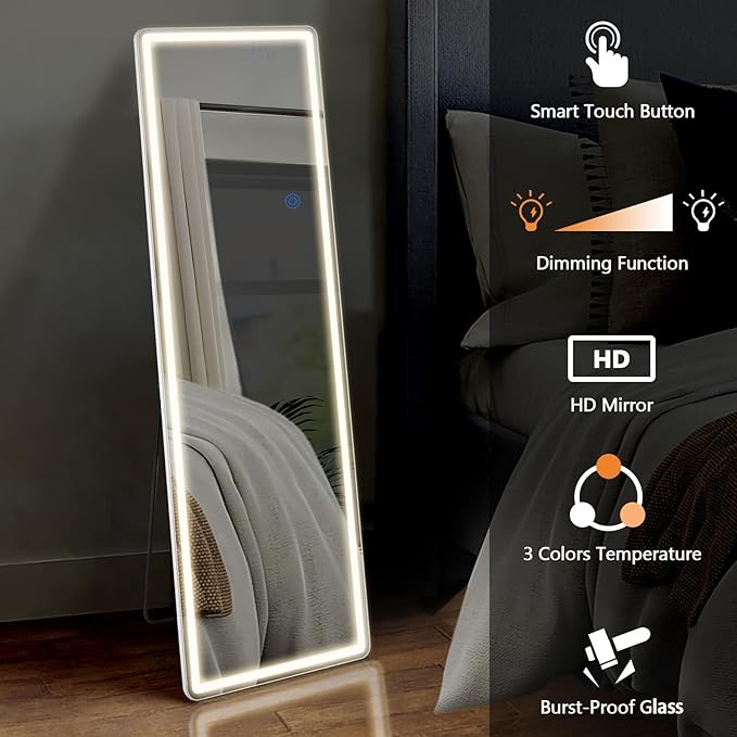 Alpen Full Length Mirror with LED Lights, 65" x 21" Lighted Full Body Mirrors, Aluminum Frame Mirror with 3 Color Lighting, Hanging Mounted Mirrors for Bedroom Dressing Room Cloakroom
