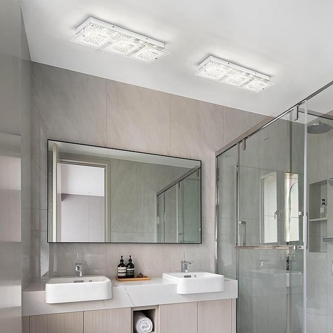 Crystal Ceiling Light Flush Mount 18 Inch Rectangular Crystal Ceiling Light Fxiture LED 4000K Dimmable Ceiling Mounted Light for Kitchen, Hallway, Bedroom, Foyer, 18W
