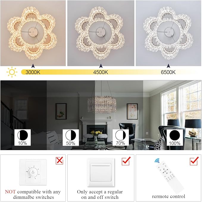 LED Crystal Chandelier with Remote Control 20’’ Luxury Modern Chrome Chandeliers Light Fixture Dimmable for Dining Room Bedroom Kitchen Foyer Entryway 3000-6500K