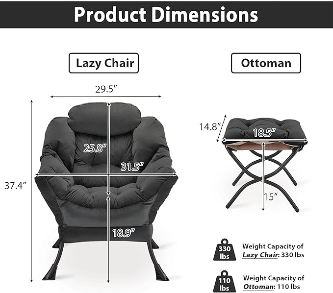 Lazy Chair with Folding Ottoman, Accent Chair Velvet Upholstered with Metal Structure and Non-Slip Pads, Sofa Armchair with Footrest and Side Storage Bag for Dorm, Office, Charcoal