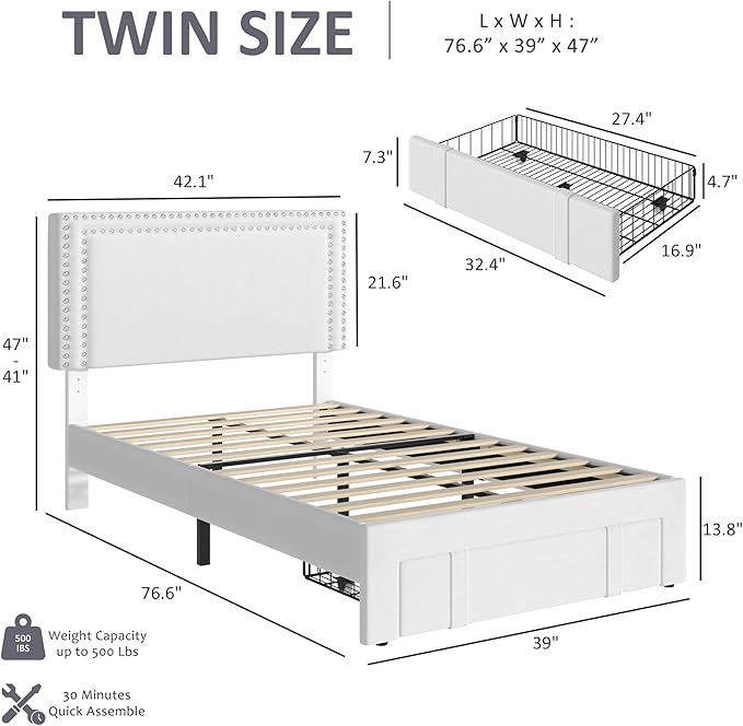 VECELO Twin Platform Bed Frame with Storage Drawer, Adjustable Velvet Headboard, Wooden Slats Support, No Box Spring Needed, Easy Assembly