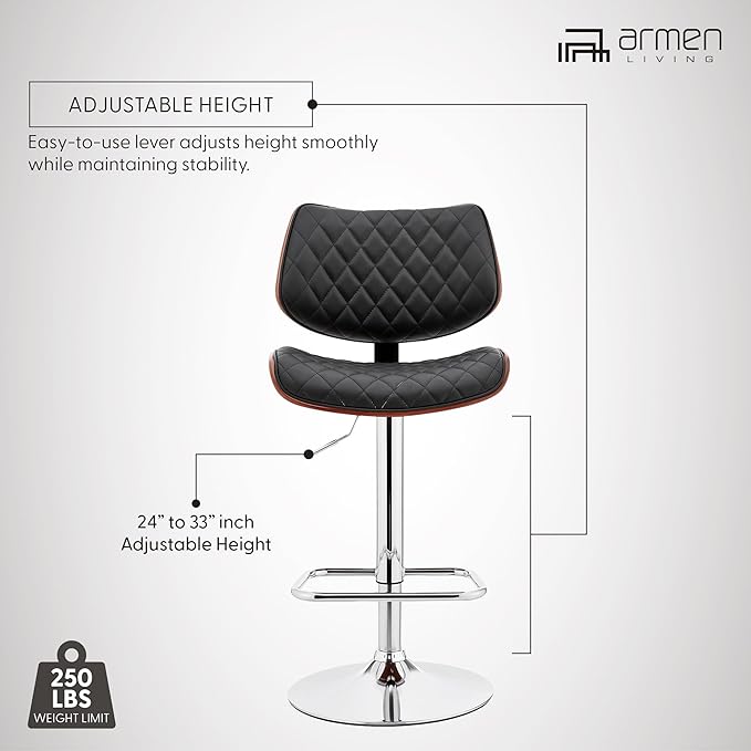 Armen Living Leland Adjustable Black Faux Leather and Chrome Finish Bar Stool
