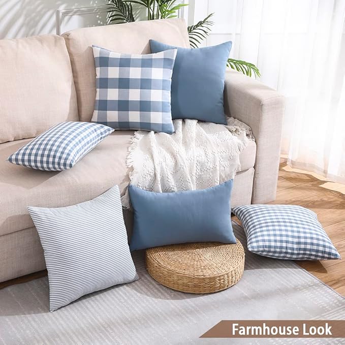 CARRIE HOME Light Blue Boho Striped Pillow Covers 18x18 Farmhouse Outdoor Pillow Covers Blue Room Decor for Couch Sofa Bedroom Set of 2