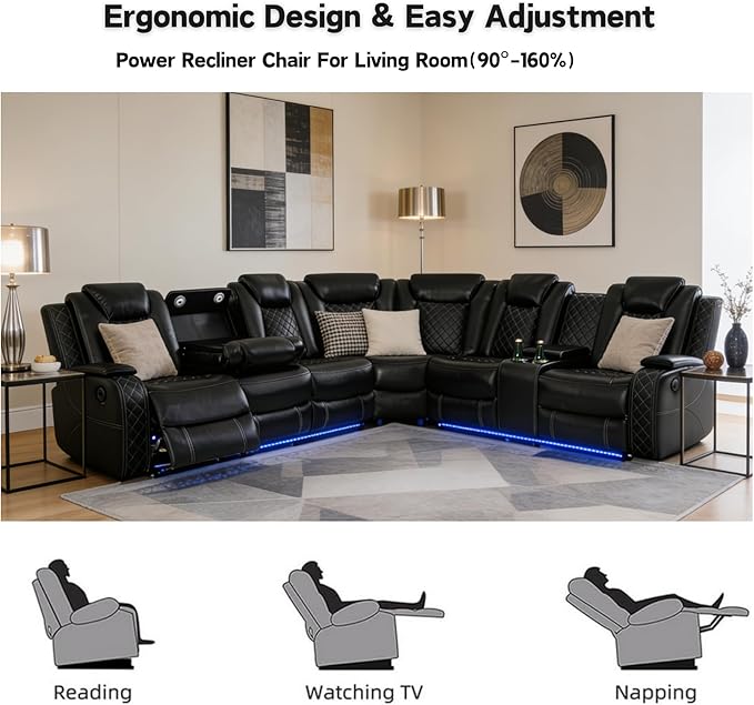 Power Recliner Sectional Sofa with LED Lighting, Breathing Leather Corner Couch with USB and Storage Console, Cup Holders, Reading Light – Home Theater & Living Room Seating (Black)