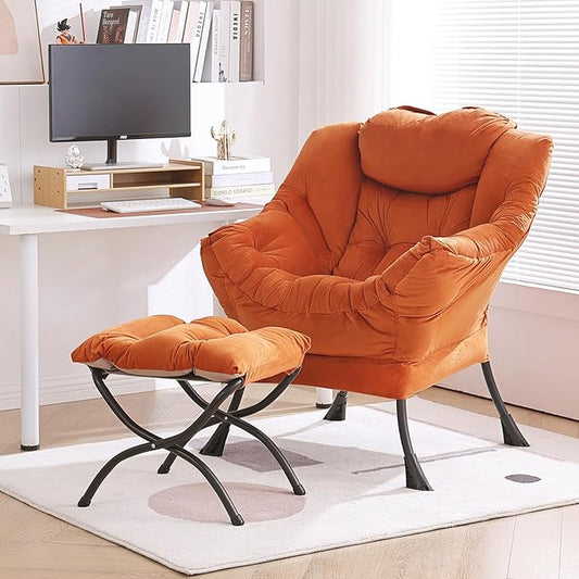Lazy Chair with Ottoman, Modern Chair with Folding Footrest, Velvet Orange Accent Chair, Comfortable Reading Chair, Oversized Armchairs for Bedroom, Study, Living Room, Courtyard