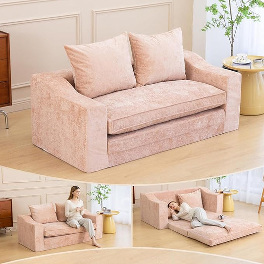 61" Convertible Sofa Bed Loveseat, Memory Foam Boneless Floor Couch with Removable Plush Velvet Cover, Tri-folding Compact Full-size Sleeper for Small Living Room, Playroom, Guest Room, RV (Pink) | Convertible Sofa Bed, Premium Memory Foam, Ergonomic D...