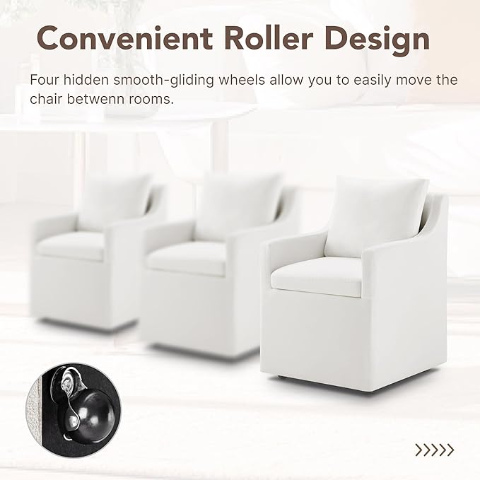 Upholstered Dining Chairs Set of 2, Modern Dining Room Chairs with Casters & Washable Cover, Rolling Accent Chair with Hidden Storage for Kitchen, Farmhouse, Living Room, White, 2 Box