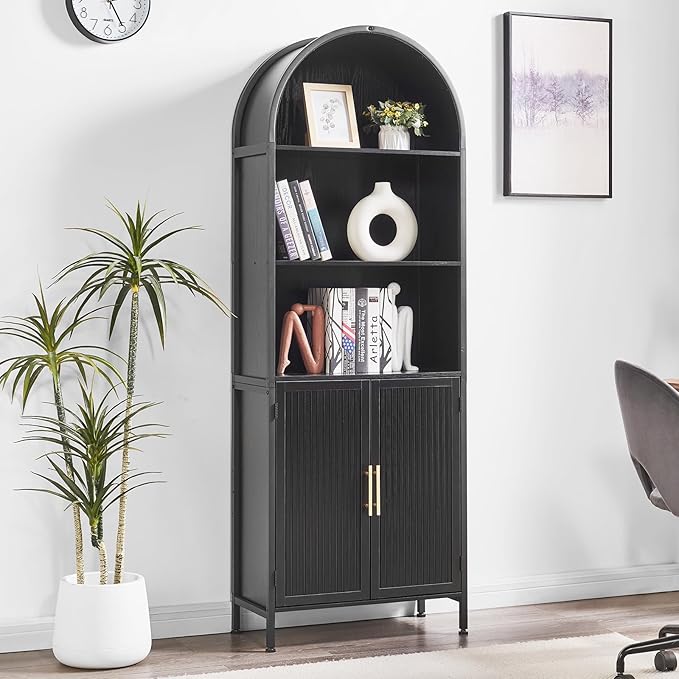 Arched Bookcase Book Shelf with Doors, 5 Tier Display Bookshelf Tall Cabinet with Storage, Industrial Floor Standing Bookshelves Open bookcases for Home Office, Living Room(Black)