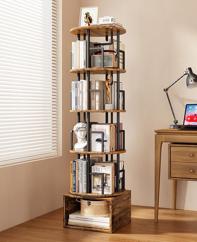 5 Tier Rotating Bookshelf with Extra Storage Cabinet, 360°Spinning Corner Bookshelf, Floor Standing Bookcase for Kids & Adult, Narrow Book Shelf for Bedroom Living Room, Vintage Brown