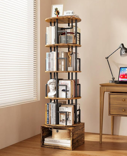 5 Tier Rotating Bookshelf with Extra Storage Cabinet, 360°Spinning Corner Bookshelf, Floor Standing Bookcase for Kids & Adult, Narrow Book Shelf for Bedroom Living Room, Vintage Brown