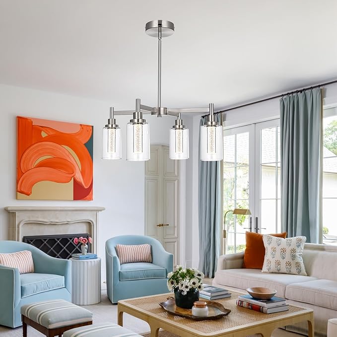VINLUZ LED 4-Light Brushed Nickel Chandelier for Dining Room, Modern Farmhouse Chandelier with Clear Bubble Crystal Glass Shades, Ceiling Pendant Light with Adjustable Swivel Heads for Kitchen Hallway