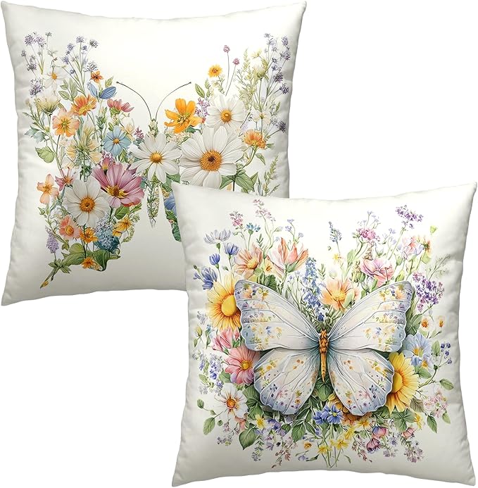 Butterfly Floral Throw Pillow Covers Spring Summer Pillow Covers Colorful Flower Pillow Cases 16x16 Set of 2 Farmhouse Sunflower Decorative Cushion Cases for Home Porch Patio
