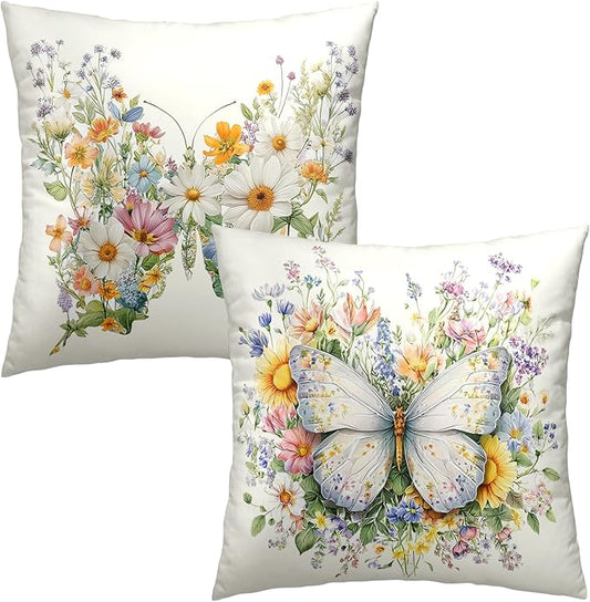 Set of 2 Colorful Butterfly Floral Pillow Covers Spring Summer Sunflower Throw Pillow Covers 24x24 Farmhouse Wildflowers Decorative Cushion Cases for Home Living Room Sofa Couch