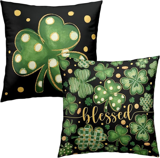 Saint Patricks Day Throw Pillow Covers Stripes Polka Dot Shamrock Clover Pillow Cases 2 Pack 24x24 March Holiday Lucky Blessed Decorative Pillow Covers for Sofa Home St Patricks Decor