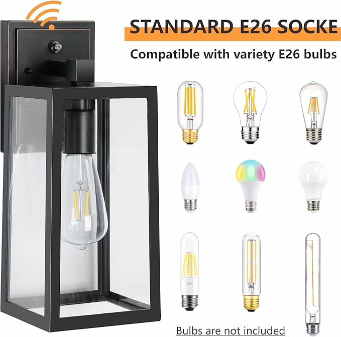 2-Pack Dusk to Dawn Outdoor Light Fixtures, Exterior Wall Lantern with Aluminum Body, E26 Base Scoket, Oil-Rubbed Bronze Wall Lighting, Modern Wall Sconce for Patio Front Porch Garage.