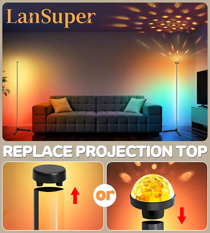 Uplighter Corner Floor Lamp, Smart RGB LED Corner Floor Lamp,Modern Projector Floor lamp with APP & Remote,Ambient Lighting Color Changing Standing Lamp with Music Sync for Living Room