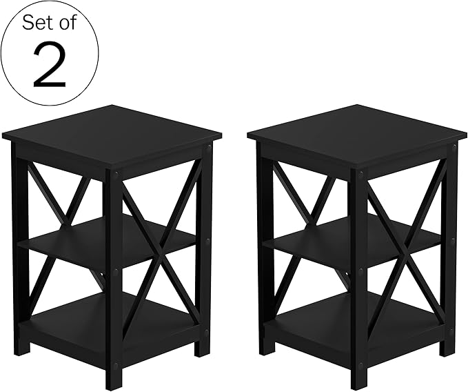 Lavish Home Side Tables with Two Shelves – Set of 2 Contemporary Nightstands with X-Legs – Wooden End Table Pair for Living Room or Bedroom (Black)