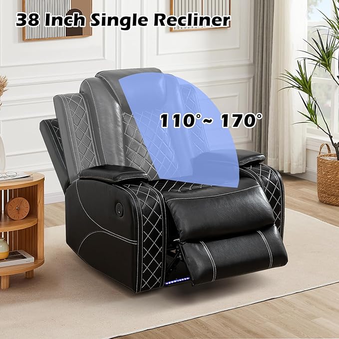 Power Reclinier Sectional Sofa Set,Black Leather Reclining Sectional Modular Sofa Set with Chair,L Shaped Leather Couch with LED Light for Living Room/House/Apartment/Lounge(L+Chair)