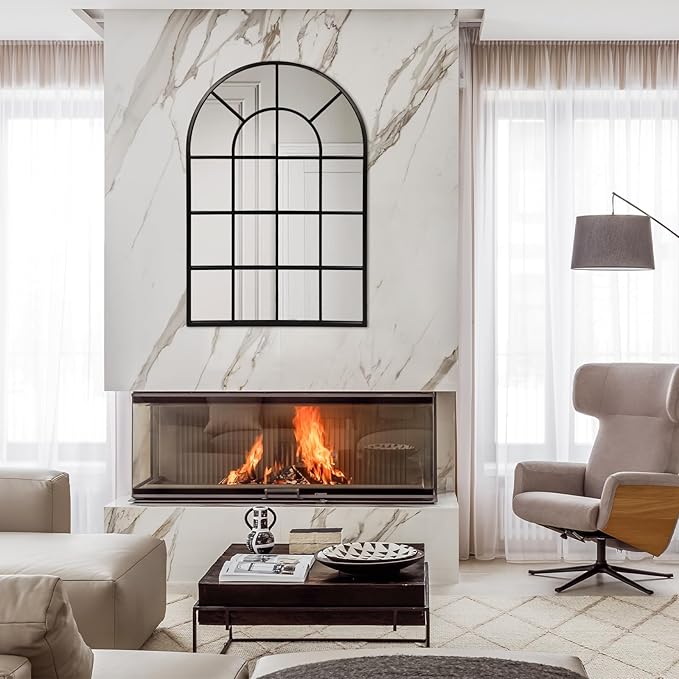 Black Arched Window Mirror, Large Window Pane Mirror, Metal Framed Windowpane Mirrors, 24" X 36" Arched Wall Mirrors for Wall Decor, Entryway, Living Room