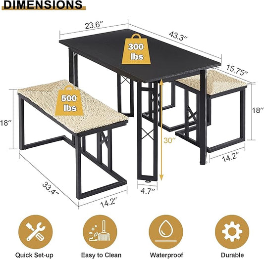 VECELO 43.3" Kitchen & Dining Table Set for 4, Rustic Farmhouse Style with 2 Benches and Wicker Cushions, Compact Metal Frame with Adjustable Foot Pads, Black