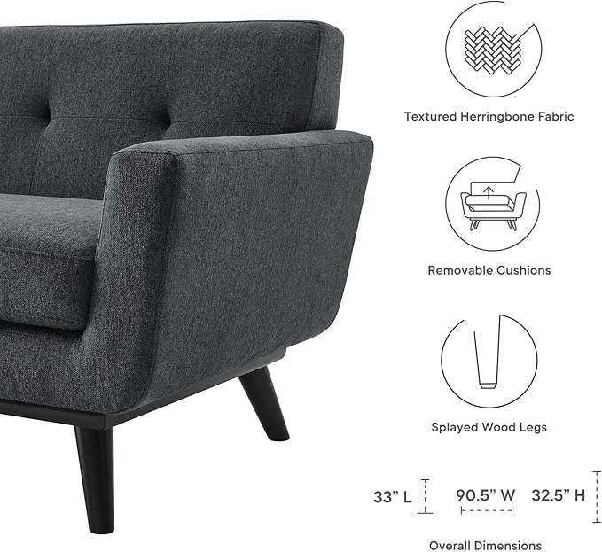 Modway Engage Mid-Century Modern Herringbone Fabric Sofa in Charcoal
