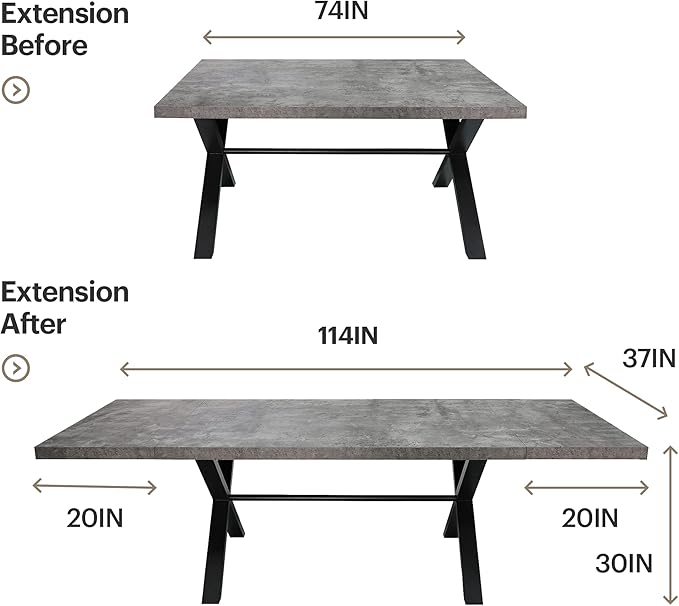 Acanva Expandable Dining Table for 6-8 Seat, Modern Rectangle Design with Extension Leaf for Kitchen Restaurant, Thicker Top and Carbon Steel Pedestal, 74.9''(+40)Wx37''Dx30''H, Dark Grey