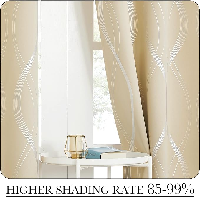 NICETOWN Room Darkening Curtains for Bedroom, Noise Reducing Thermal Insulated Wave Line Foil Print Design Blackout Curtains for Patio Sliding Glass Door (2 Panels, 52 x 84 Inch, Biscotti Beige)