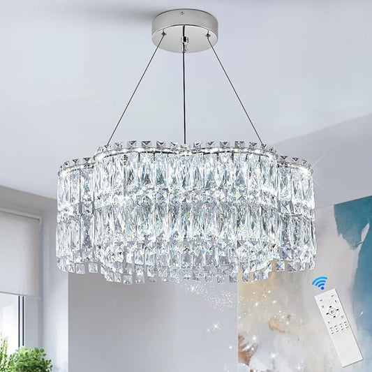 24’’ Crystal LED Chandelier with Remote Control Dimmable 3000-6500K Contemporary Luxury Chandeliers Modern Chrome Light Fixture for Dining Living Room Kitchen Island Foyer Entryway
