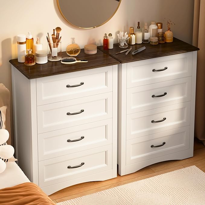 Gizoon Dresser for Bedroom with 4 Drawers Wooden Chest of Drawers for Closet Dresser Storage Unit Organizer for Hallway Living Room and Office, White and Rustic