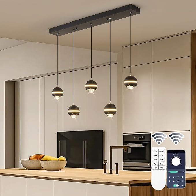 Modern LED Pendant Lights, Dimmable 36in Crystal Globe LED Chandelier Lighting, Black & Gold Dining Room Hanging Light Fixtures Kitchen Island Linear Pendant Light for Dining Table (3500lm)