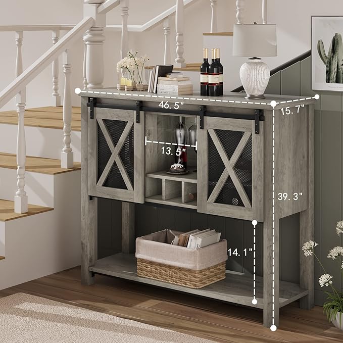 Bar Cabinet, Farmhouse Buffet Storage Cabinet with Wine Glass Rack, Wood Coffee Bar Table Kitchen Sideboards and Buffets with Barn Door, Liquor Cabinet Bar for Home, Dinning, Living Room