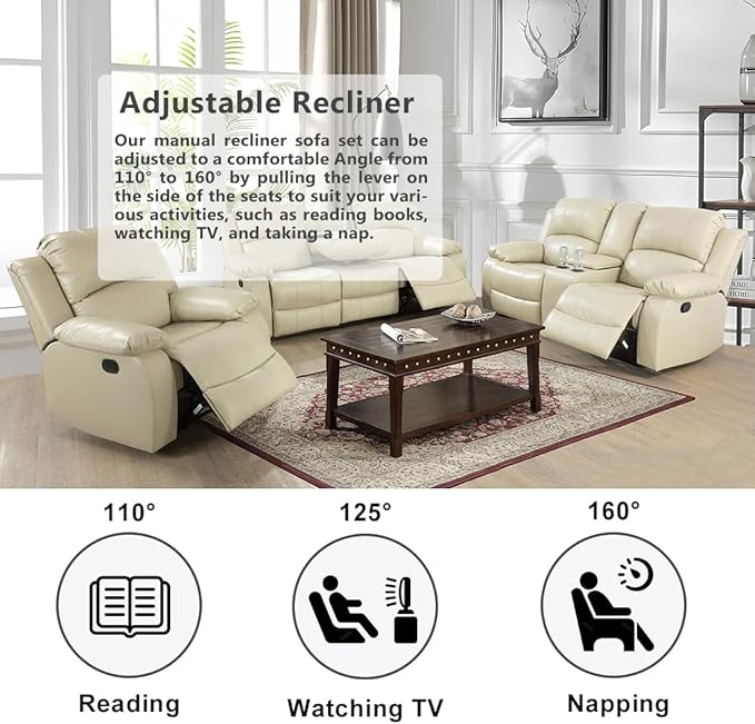 Bonded Leather Recliner Chair Manual Recliner Single Chair Contempary Home Theater Seating Living Room Furniture Wall Hugger with Armrest/Lumbar Support for Home/Office/Rv Car (Beige, Chair)