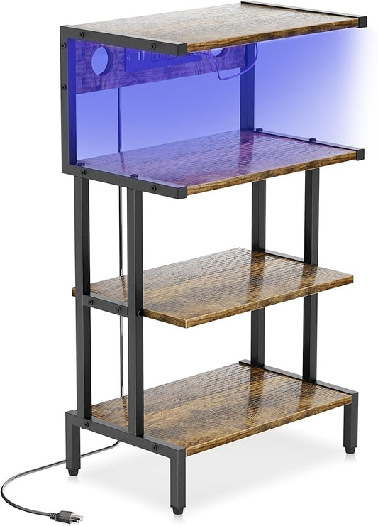 Aquzee Video Game Console Shelf, Stereo Racks - Media Stand with Outlet & Led Strip Light, 4-Tier Gaming Shelf for PS4 PS5 Xbox Games Organizer, Small Entertainment Center, AV Media Stand for CD DVD