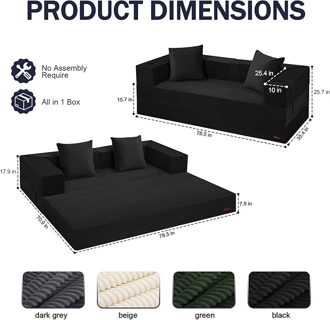 COMAX Boneless Couch, Futon Sofa Bed Couches Versatile Queen for Living Room, 79" 4 in 1 Convertible Sleeper Corduroy Couch Foam in a Box, Foldable Fold Out Floor Mattress No Assembly Required, Black