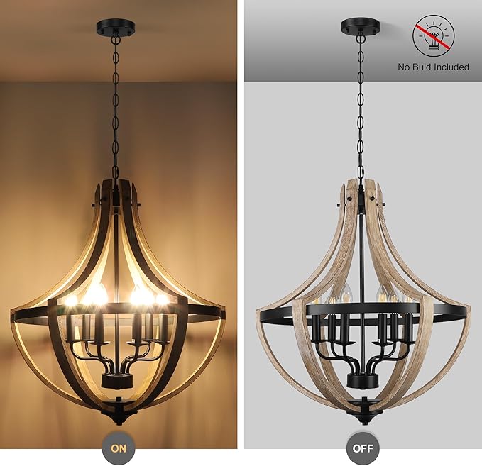 6-Light Large Rustic Farmhouse Dining Room Chandeliers, Adjustable Height Entryway Light Fixture, Hanging Wood Chandelier for Kitchen Island Foyer Stairwell Office
