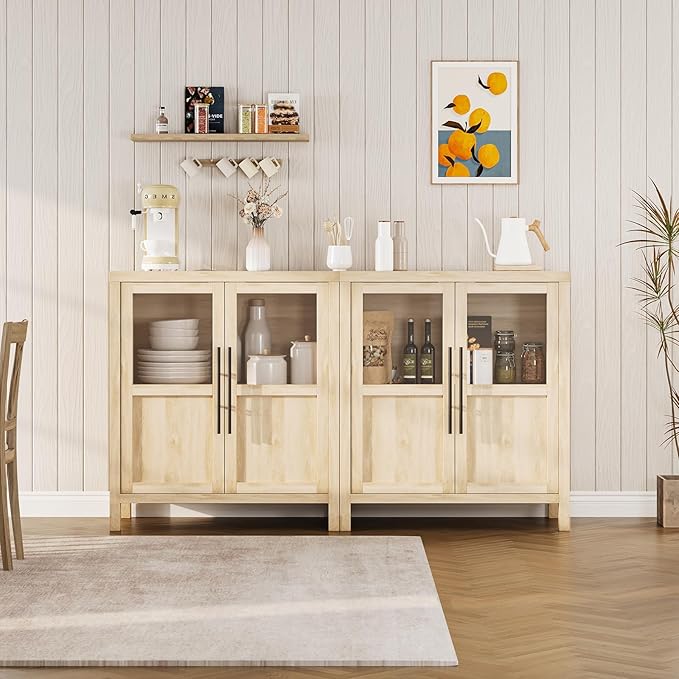 GarveeHome Sideboard Buffet Cabinet with 2 Glass Doors, 29.5 in Buffet Table Coffee Bar Wine Bar Display Cabinet for Kitchen Dining Room, Living Room (Glass with 2 Doors, Natrual)