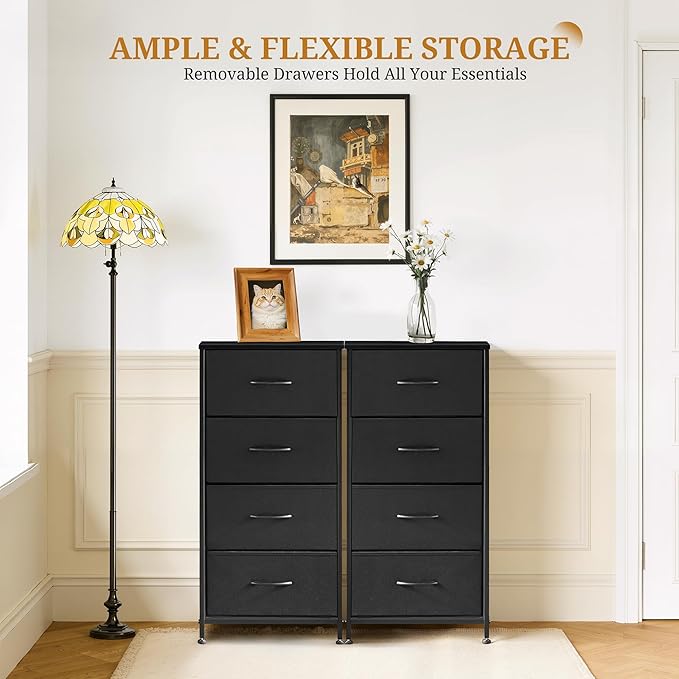 Nightstand with 4 Fabric Drawers, 37.4" H Tall Narrow Bedside Table with Wooden Top Steel Frame for Bedroom, Dorm, Closet, Living Room, Black