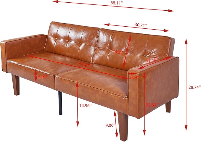Adjustable Backrest Convertable Sofa, Modern PU Leather 2-Seat Futon Sofa, Convertible Faux Leather Sleeper Couch with Armrests, Couch for Living Room Home Office Spaces